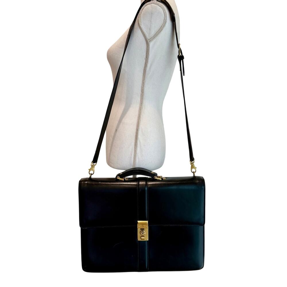 Vintage Mark Cross black lawyer accordion briefcase Italy strap brass hardware